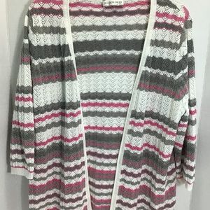 Allison Daley Open Front Open Weave Striped Cardigan Sweater Sz Large Pink